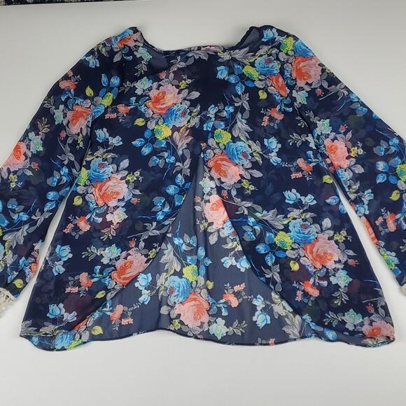 Rue21 Sheer Floral Blouse Shirt Crochet Knit 3/4 Sleeve Cuff Open Layer Back - Picture 4 of 5